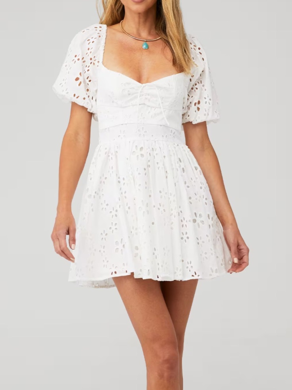 For Love & Lemons Jocelyn White Eyelet Square-Neck Mini Dress